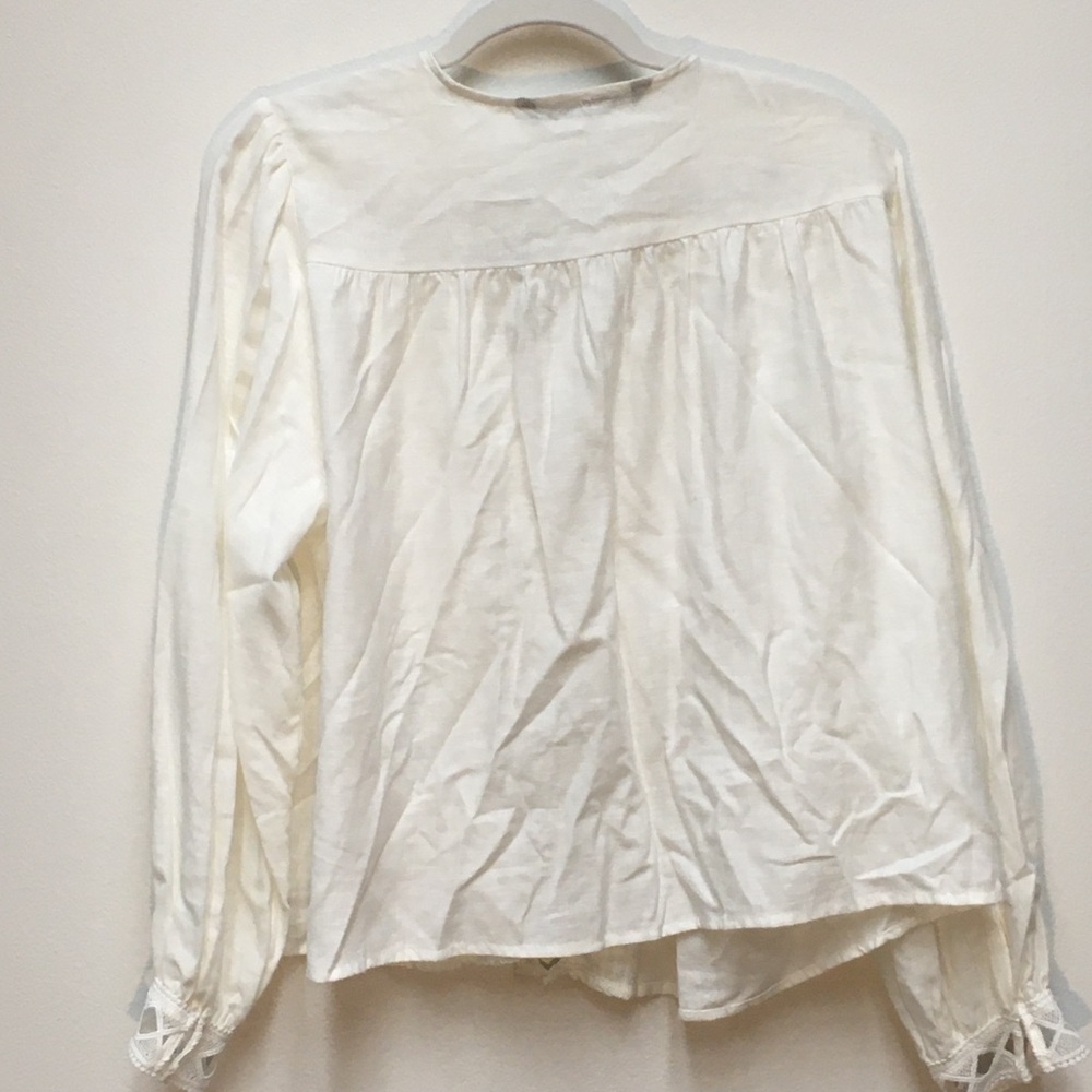 Zara Linen Cotton Embroidered Blouse Medium Cream Front Tassel Tie Beaded Boho - Picture 7 of 10